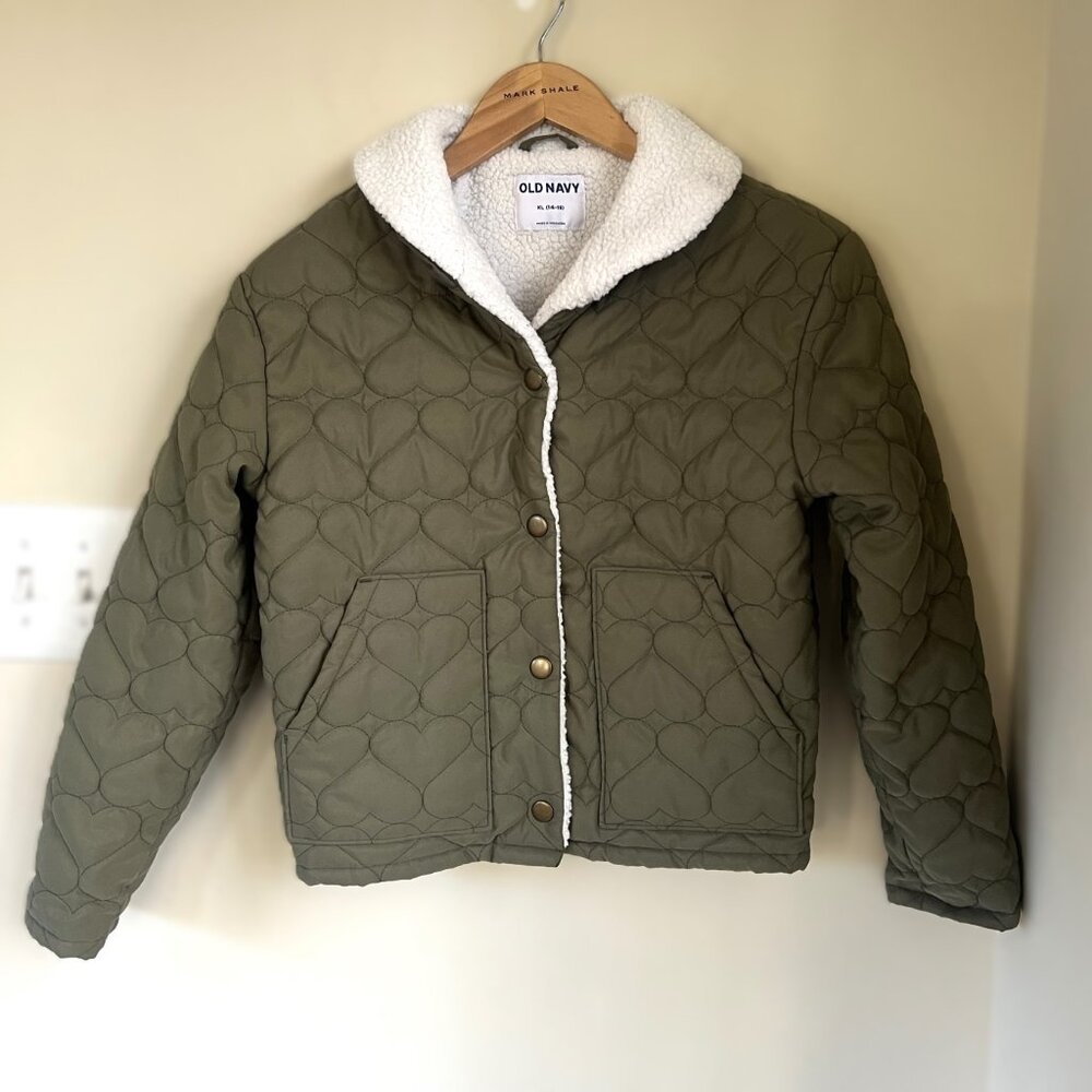 Old Navy Quilted Sherpa Hybrid Quilted Heart Jacket, Dill Caper, Size XL (14-16)